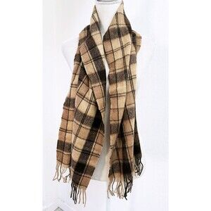 Women's 100% Camel Hair Scarf Poetcore Brown Tan Plaid Vintage 58" Long
